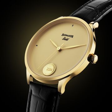 Sonata Sonata Gold Quartz Analog Champagne With Gold Coin Dial Black Leather Strap Watch For Men