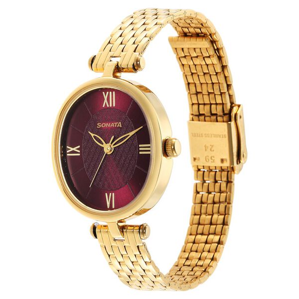 Sonata Classic Gold Maroon Dial Metal Strap Watch for Women - image number 1