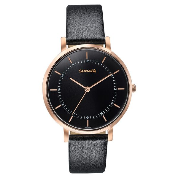 Sonata Modern Edit Quartz Analog Black Dial Leather Strap Watch For Women - image number 1