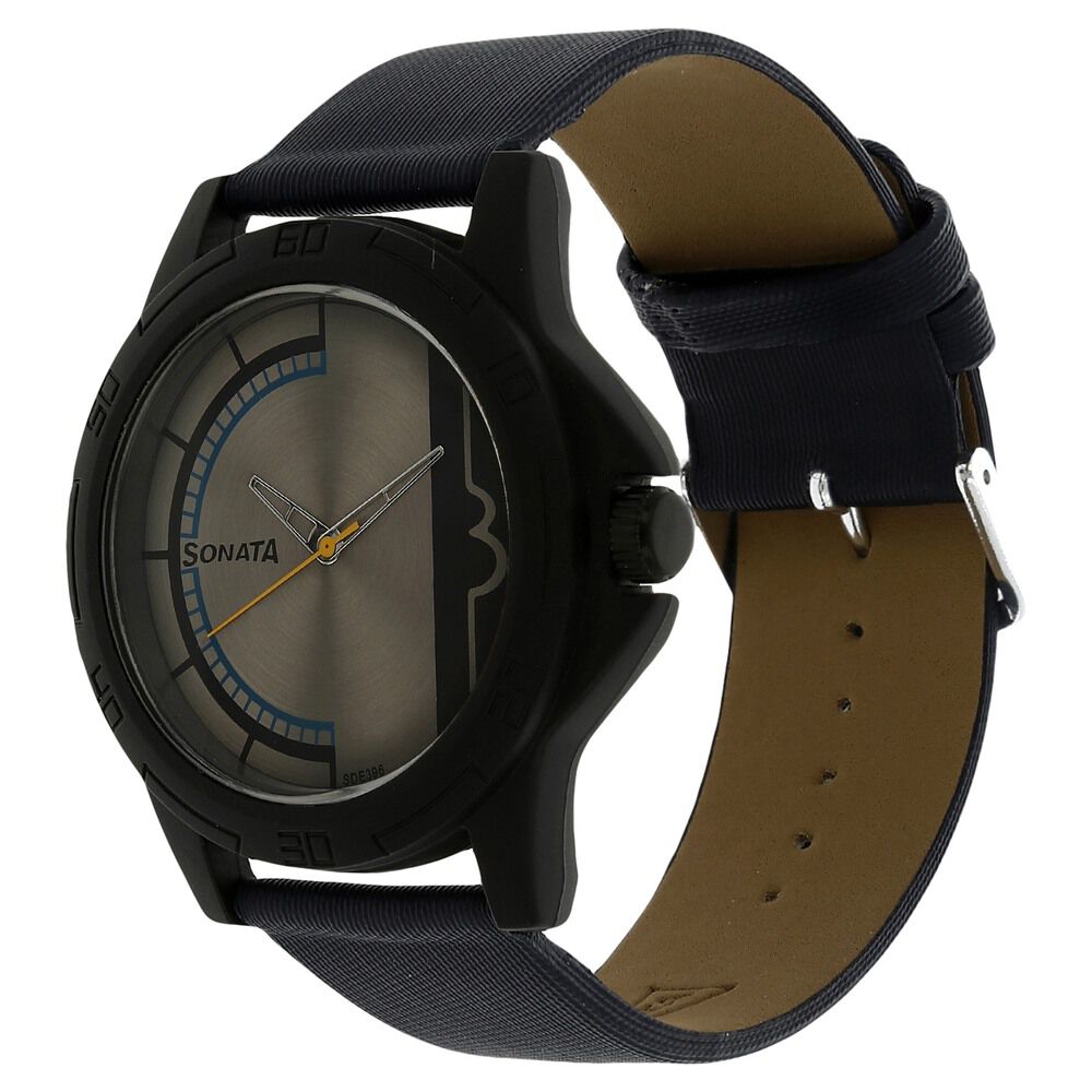 Buy Online Sonata Quartz Analog Grey Dial Leather Strap Watch for Men np77018pl02 Sonata