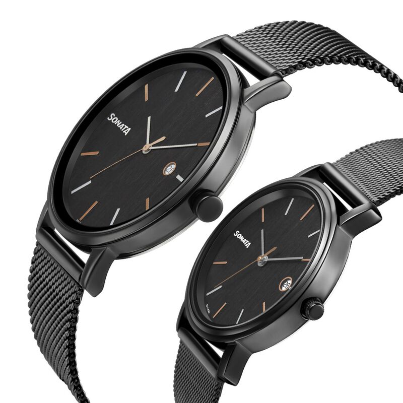 Sonata Quartz Analog with Date Black Dial Metal Strap Watch for Couple - image number 2