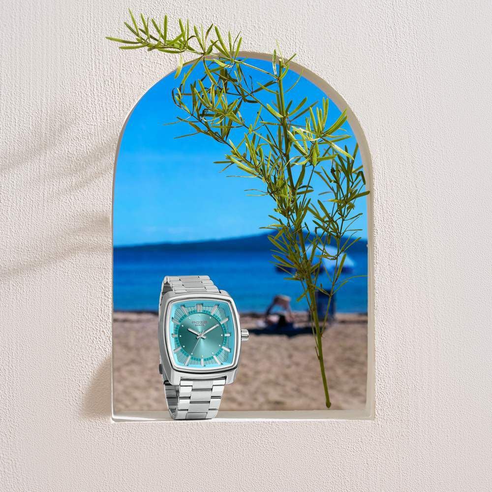 Poze Poze Quartz Analog Tiffany Blue Dial Silver Metal Strap Watch For Men-image-2