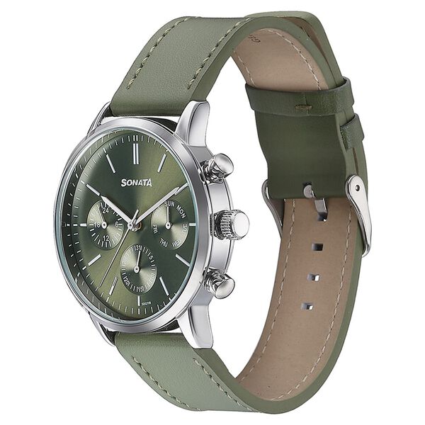 Sonata Quartz Multifunction Green Dial Green Leather Strap Watch For Men - image number 3