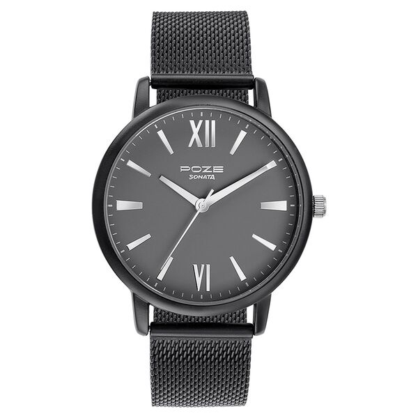 Sonata Poze Quartz Analog Grey Dial Black Mesh Strap Watch For Men - image number 1