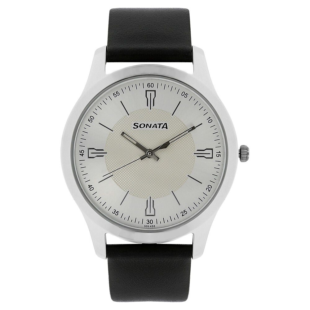 Buy Online Sonata Quartz Analog Silver Dial Leather Strap Watch for Men nk77063sl01w Sonata