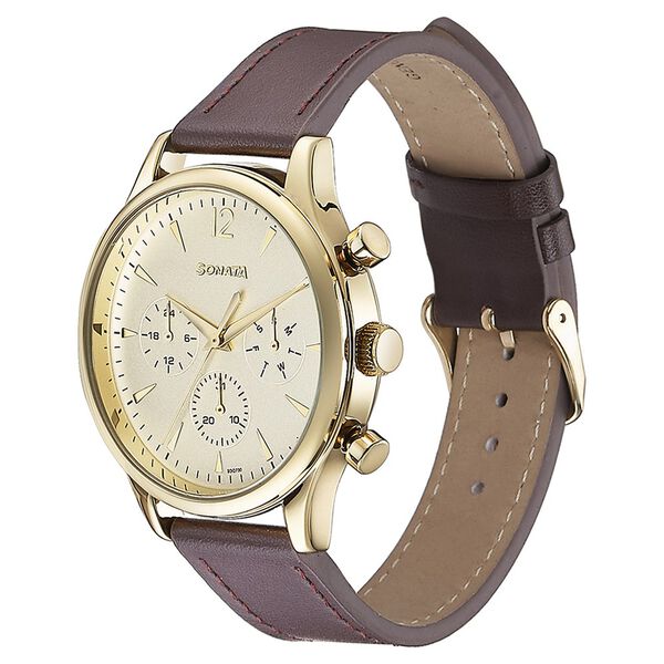Sonata Quartz Multifunction Golden Dial Brown Leather Strap Watch For Men - image number 3