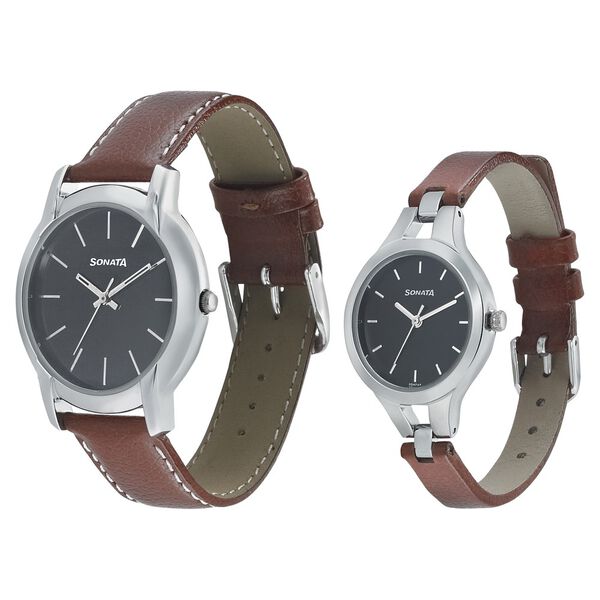 Sonata Quartz Analog Black Dial Leather Strap Watch for Couple - image number 1