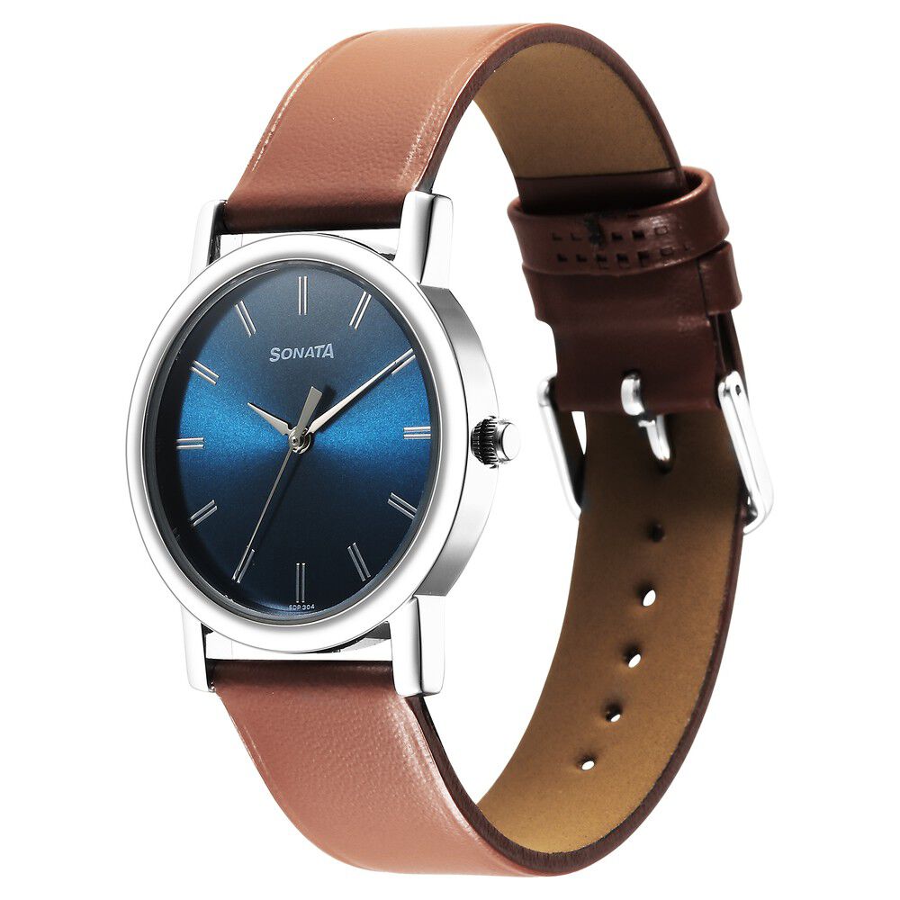 Sonata Classic Quartz Analog Blue Dial Brown Leather Strap Watch