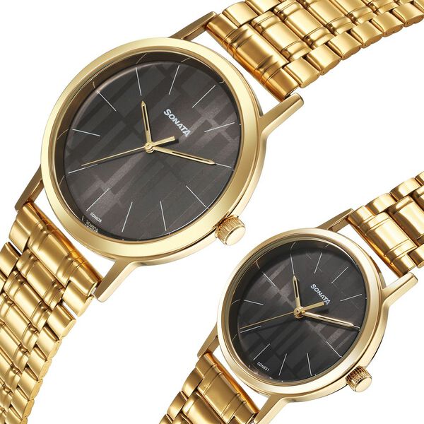 Sonata Alloy Pairs Quartz Analog Grey Stainless Steel Strap for Couple - image number 2