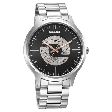 Sonata Unveil Quartz Multifunction Black Dial Stainless Steel Strap Watch for Men