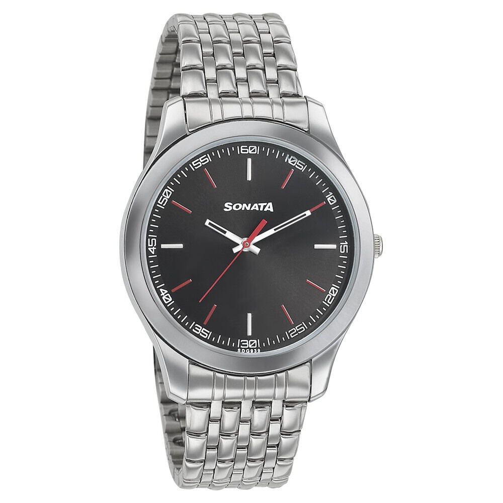 Buy Online Sonata Quartz Analog Black Dial Stainless Steel Strap Watch for Men 77063sm04w Sonata