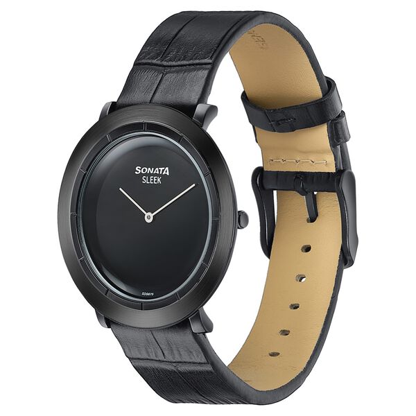 Sonata Sleek Black Dial Black-Tone Leather Strap Watch - image number 2
