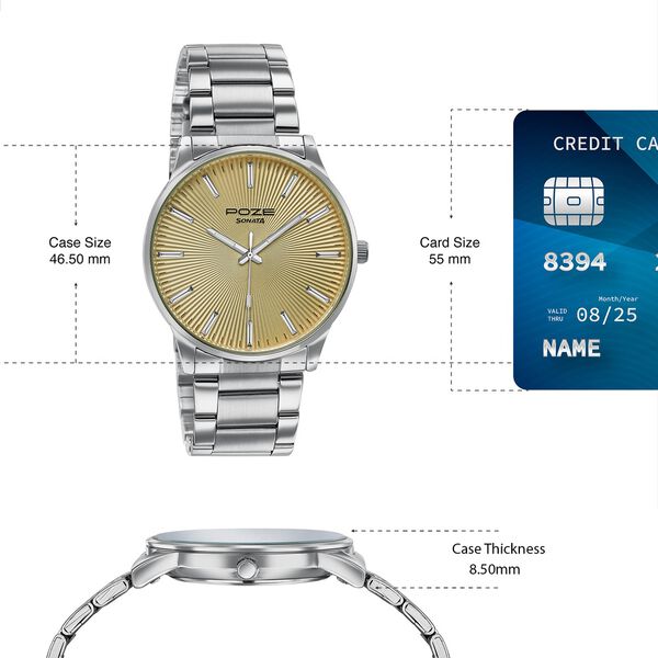 Poze By Sonata Quartz Analog Yellow Dial Silver Stainless Steel Strap Watch For Men - image number 3