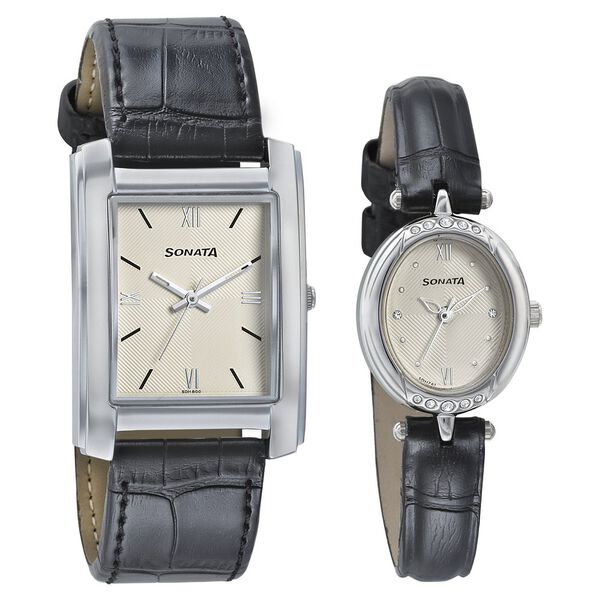 Sonata Quartz Analog White Dial Leather Strap Watch for Couple - image number 0