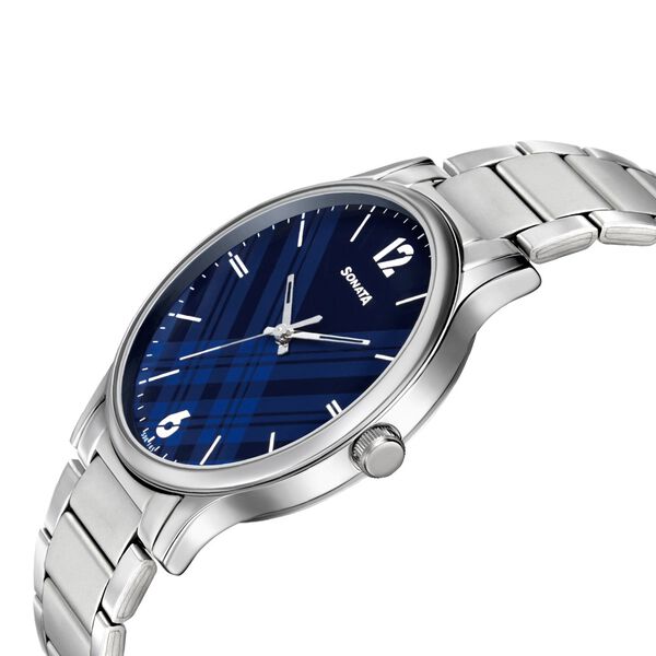Sonata Smart Plaid Quartz Analog Blue Dial Stainless Steel Strap Watch for Men - image number 2