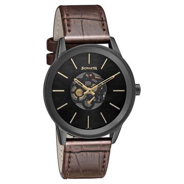 Sonata Quartz Multifunction Black Dial Leather Strap Watch for Men