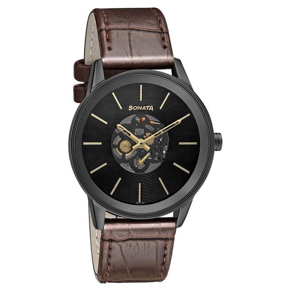 Sonata Quartz Multifunction Black Dial Leather Strap Watch for Men - image number 0