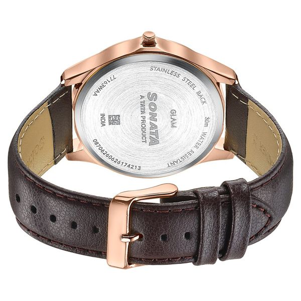 Sonata Traditional Essentials Silver Dial, Rose Gold tone case Burgundy Genuine Leather Strap Watch - image number 5