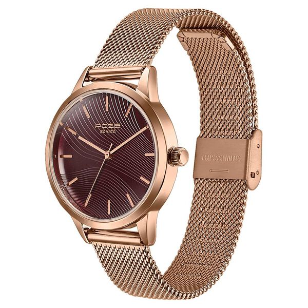 Poze By Sonata Quartz Analog Wine Red Dial Rose Gold Metal Strap Watch For Women - image number 4