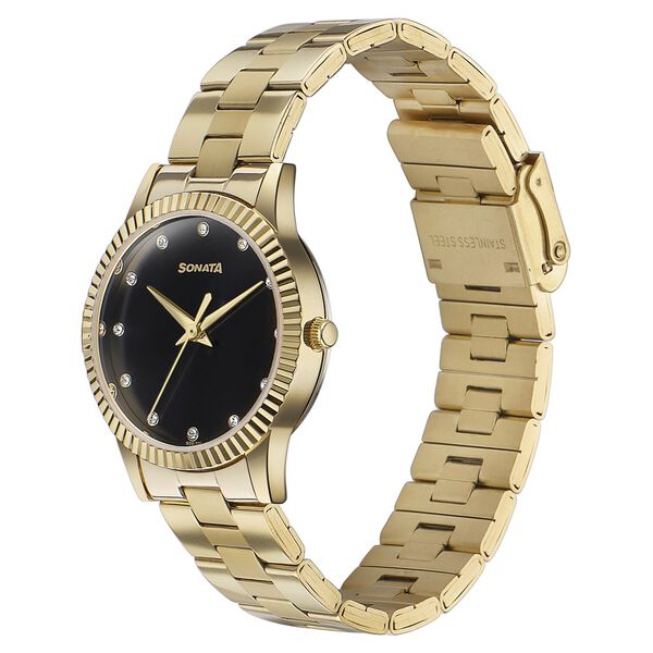 Sonata Glam Gold Quartz Analog Black Dial Stainless Steel Strap Watch For Women - image number 2