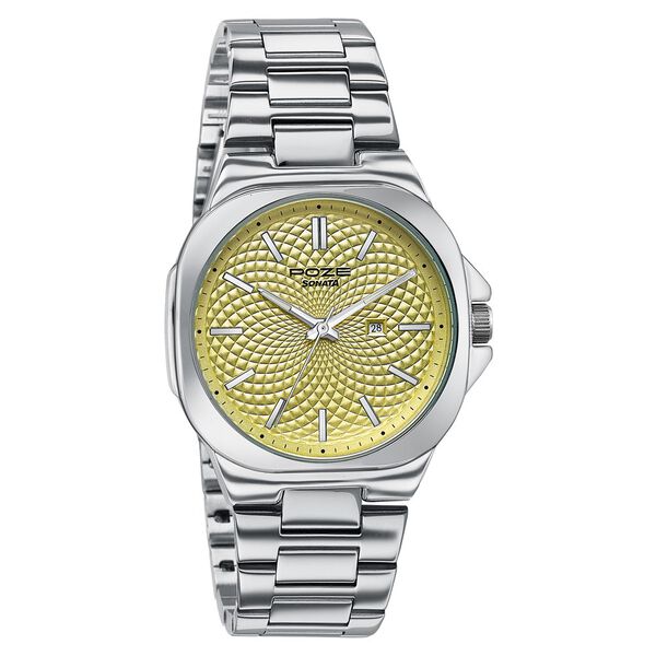 Sonata Poze Quartz Analog Yellow Dial Silver Colour Stainless Steel Strap Watch For Men - image number 1