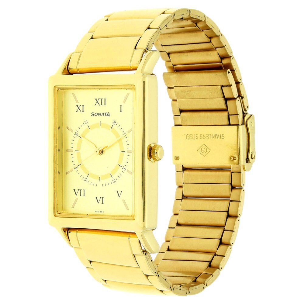Buy Online Sonata Quartz Analog Champagne Dial Metal Strap Watch for Men ng77003ym02ac Sonata