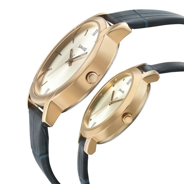 Sonata Quartz Analog Silver Dial Leather Strap Watch for Couple - image number 2