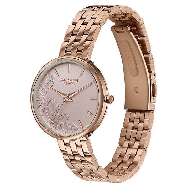 Poze Poze Quartz Analog Beige Dial Rose Gold Metal Strap Watch For Women - image number 4