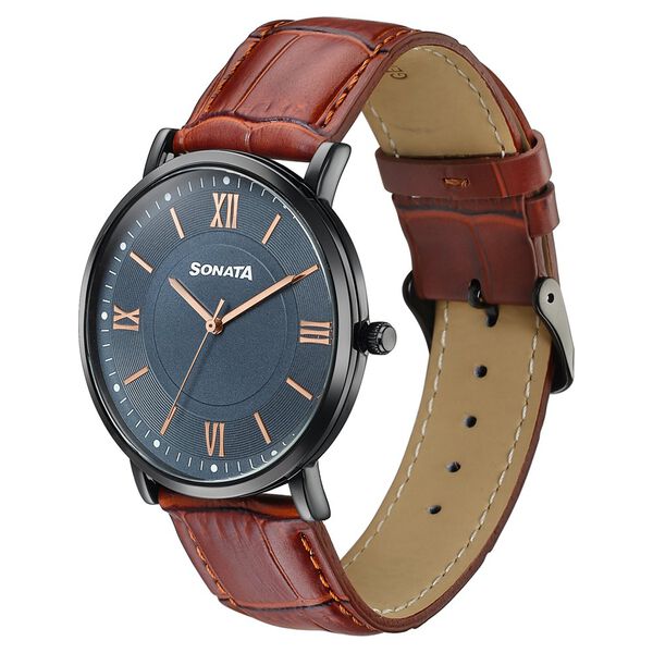 Sonata Verve Quartz Analog Black Dial Brown Leather Strap Watch For Men - image number 2