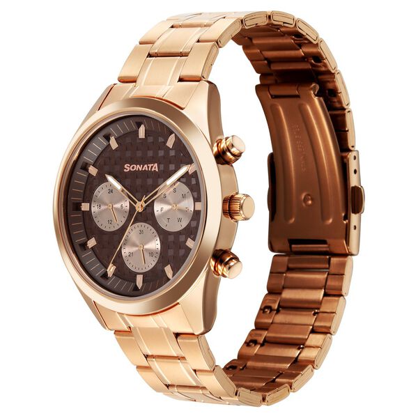 Sonata Summit Quartz Multifunction Brown Dial Rose Gold Metal Strap Watch For Men - image number 2