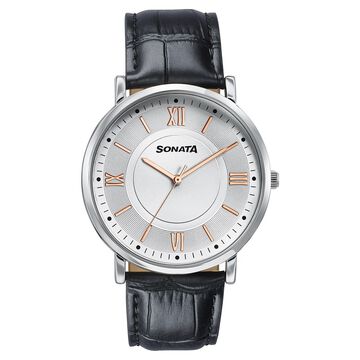 Sonata Verve Quartz Analog Silver Dial Black Leather Strap Watch For Men