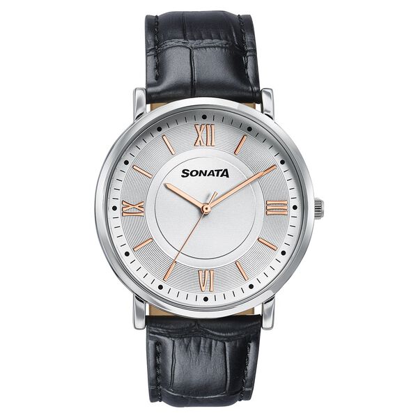Sonata Verve Quartz Analog Silver Dial Black Leather Strap Watch For Men - image number 0