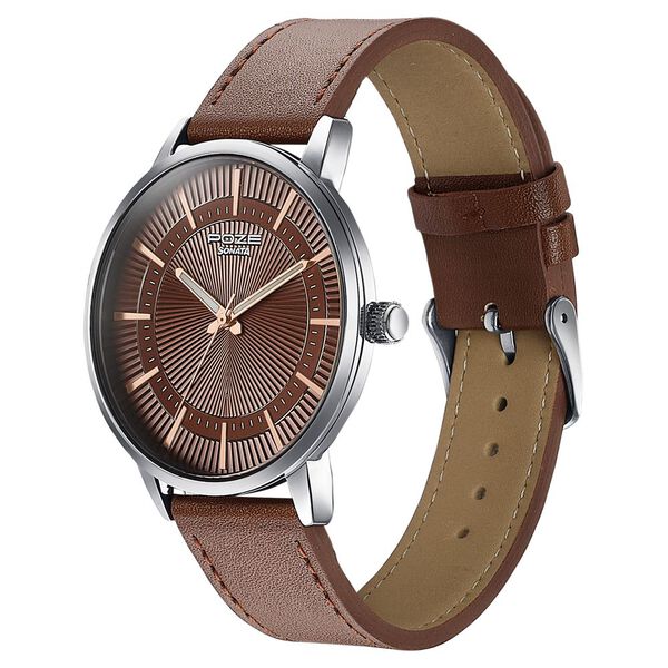 Sonata Poze Quartz Analog Brown Dial Brown Leather Strap Watch For Men - image number 4