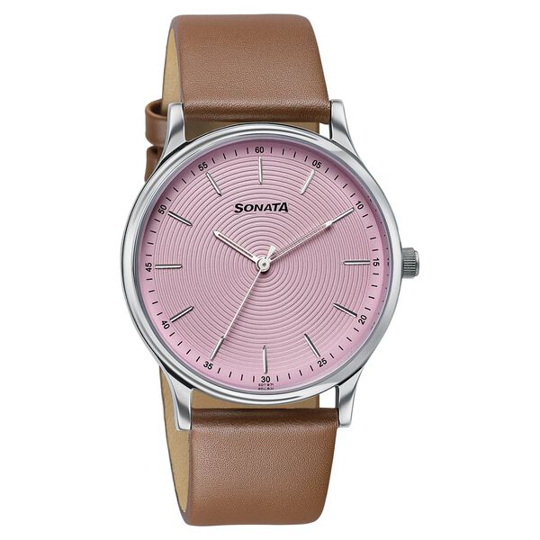 Sonata Aspire Quartz Analog Pink Dial Brown Leather Strap Watch For Men - image number 1