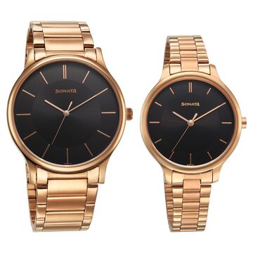 Sonata Pair Quartz Analog Black Dial Stainless Steel Strap Watch for Couple