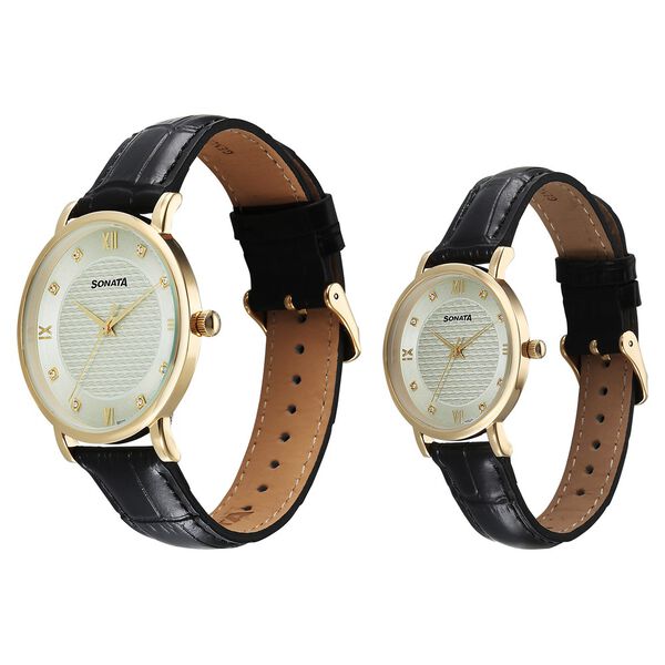 Sonata Perfect Pairs Quartz Analog Green Dial Black Leather Strap Watch For Couple - image number 1