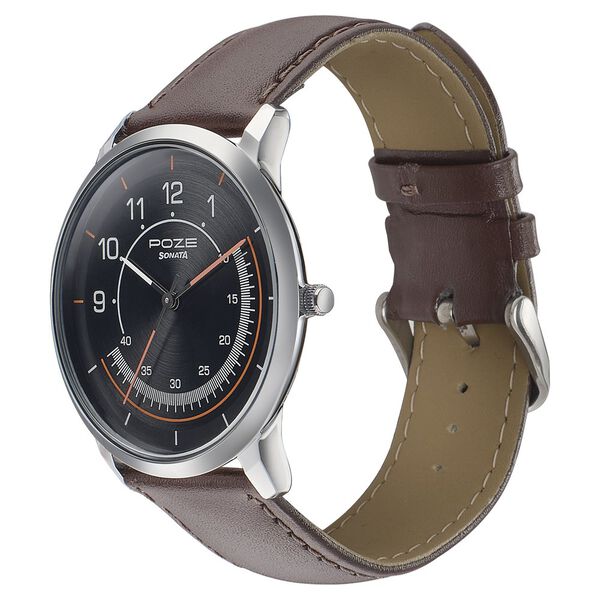 Sonata Poze Quartz Analog Black Dial Leather Strap Watch for Men - image number 2