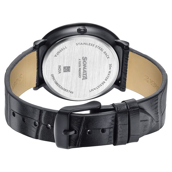 Sonata Sleek Black Dial Black-Tone Leather Strap Watch - image number 5