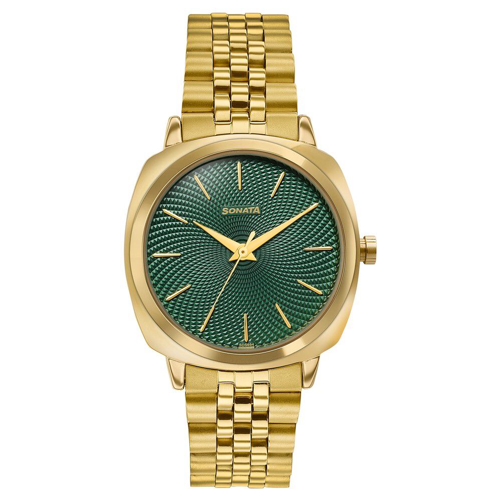 Sonata Vector Green Textured Dial Gold-Tone Bracelet Watch for Men-image-7