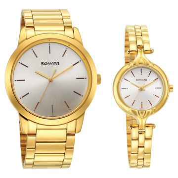 Sonata Quartz Analog Silver Dial Stainless Steel Strap Watch for Couple