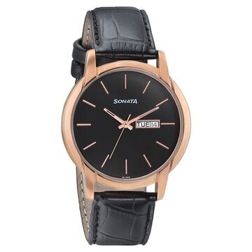 Sonata Beyond Gold Quartz Analog with Day and Date Black Dial Leather Strap Watch for Men