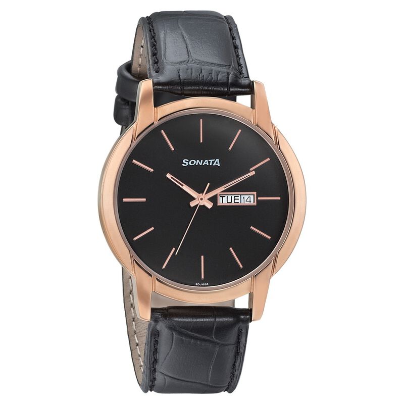 Sonata Beyond Gold Quartz Analog with Day and Date Black Dial Leather Strap Watch for Men - image number 0