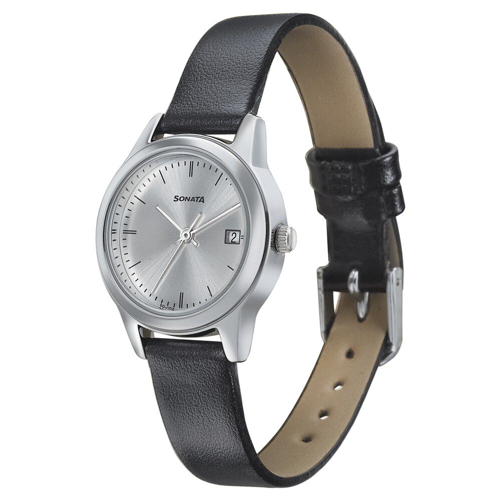 Buy Online Sonata Essentials Silver Dial Women Watch With Leather Strap nn8157sl01 Sonata
