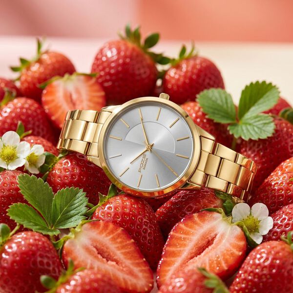 Poze By Sonata Quartz Analog Silver Dial Golden Stainless Steel Strap Watch For Women - image number 0