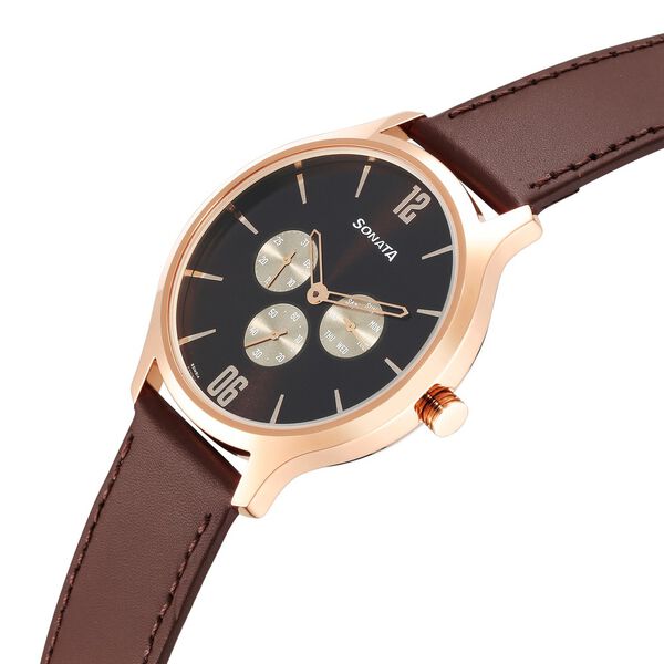 Sonata Quartz Multifunction Brown Dial Leather Strap Watch for Men - image number 2