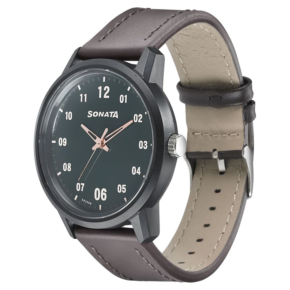 Sonata Quartz Analog Green Dial Leather Strap Watch for Men