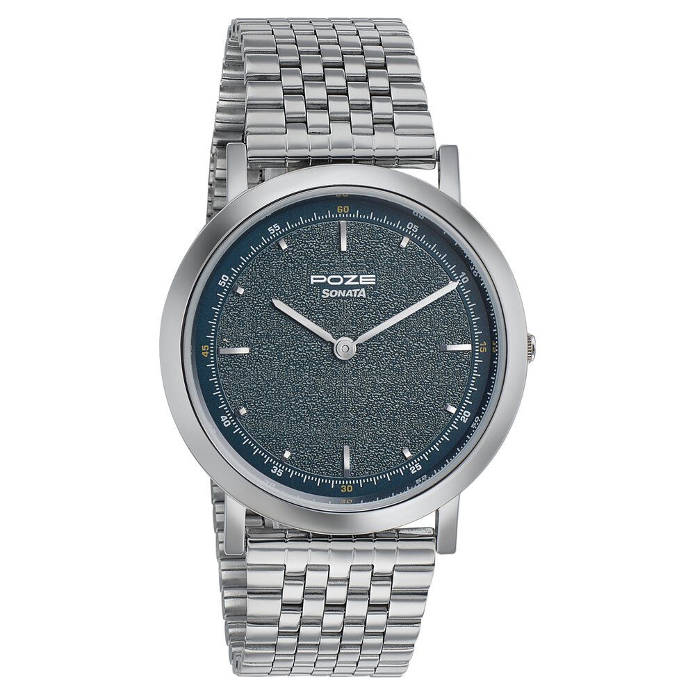 Sonata Poze Quartz Analog Blue Dial Metal Strap Watch for Men