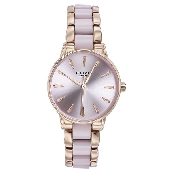 Sonata Poze Quartz Analog Pink Dial Rose Gold Color Metal With Crystal Strap Watch For Women - image number 1