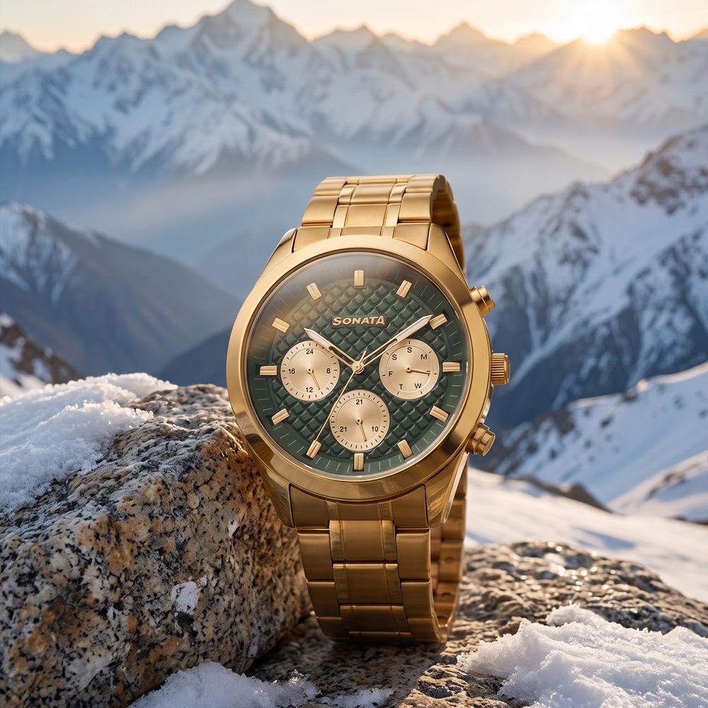 Sonata Summit Quartz Multifunction Green Dial Golden Metal Strap Watch For Men-image-37