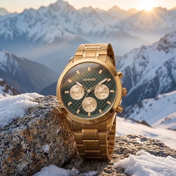 Sonata Summit Quartz Multifunction Green Dial Golden Metal Strap Watch For Men - image number 0